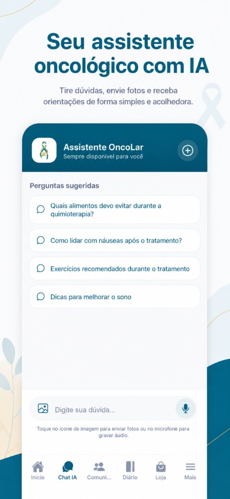Assistente OncoLar com perguntas sugeridas sobre quimioterapia e náuseas