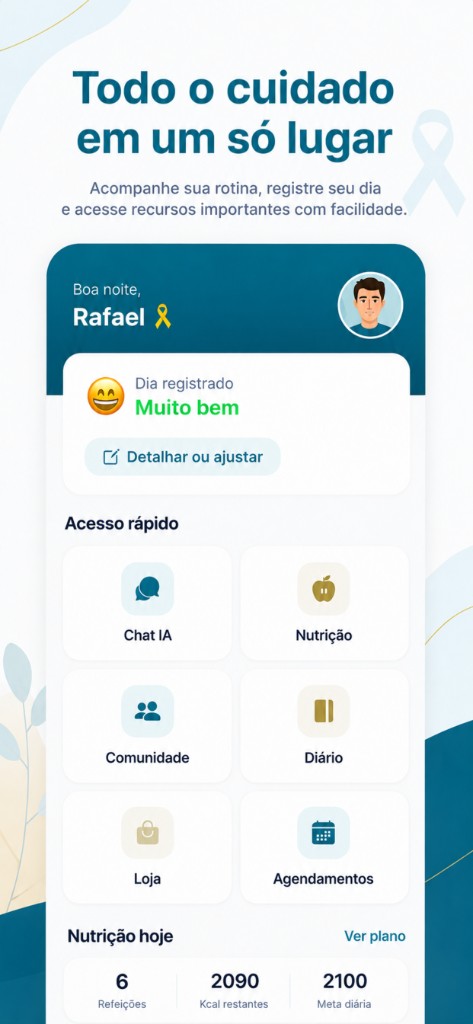 Tela inicial do OncoLar no celular, com acesso rápido a chat, nutrição, comunidade e diário