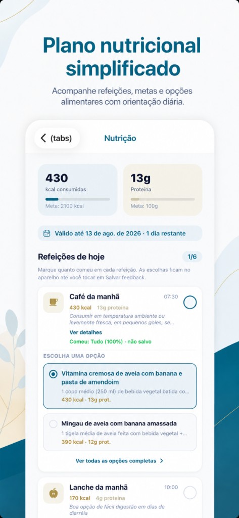 Plano nutricional simplificado com metas e refeições