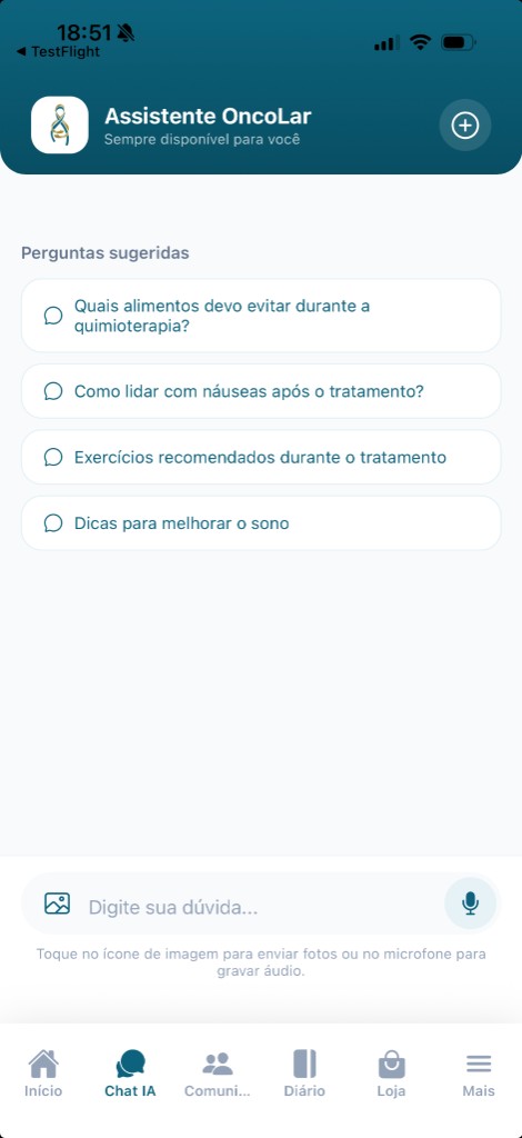 Chat do Assistente OncoLar com perguntas sugeridas