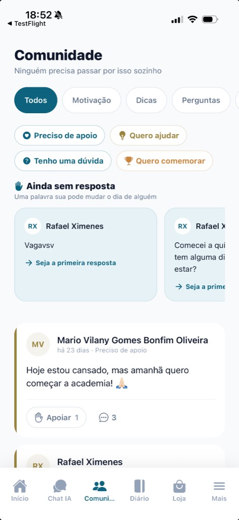 Feed da comunidade OncoLar com categorias e publicações