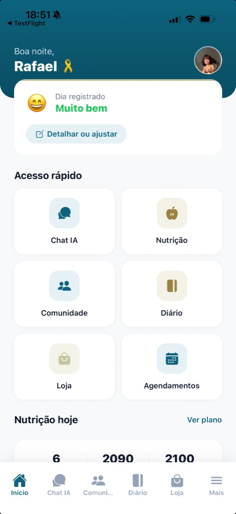 Tela inicial do OncoLar com card de dia registrado e acesso rápido