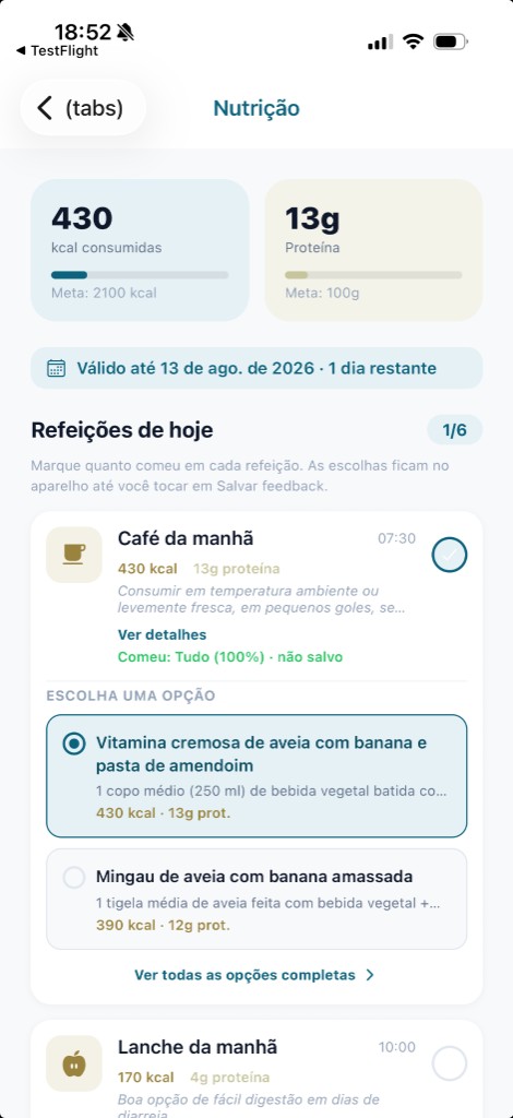Tela de nutrição com calorias, proteína e refeições do dia